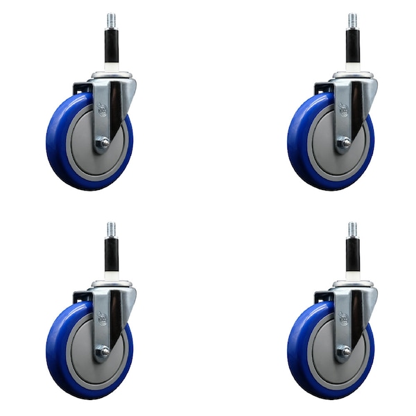 5'' Blue Poly Wheel Swivel 7/8'' Expanding Stem Caster Set, 4PK